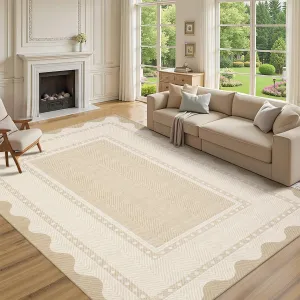 Border Washable Area Rug 9x12 Beige Modern Neutral Stain Resistant Non Slip Ultra-Soft Low Pile Carpet for Living Room Bedroom Nursery Dining Room Office