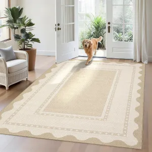 Washable Rugs 5x7 Bordered Non Slip Neutral Rug for Living Room Bedroom Dining Room Beige