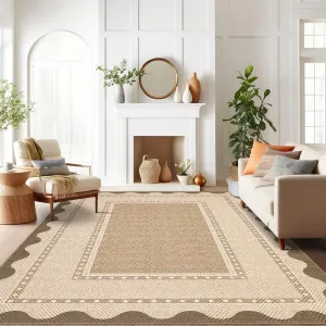 Border Washable Area Rug 9x12 Tan Modern Neutral Stain Resistant Non Slip Ultra-Soft Low Pile Carpet for Living Room Bedroom Nursery Dining Room Farmhouse Office