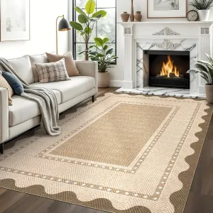Washable Rugs 5x7 Bordered Non Slip Neutral Rug for Living Room Bedroom Dining Room Tan