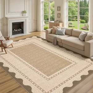 Washable Area Rug 10x13 Modern Neutral Border Pattern, Low Pile Soft Polyester, Non-Slip Stain-Resistant, Machine Washable, Foldable, Living Room Bedroom