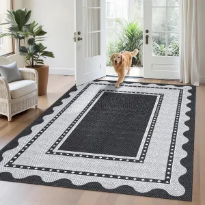 Washable Rugs 5x7 Bordered Non Slip Neutral Rug for Living Room Bedroom Dining Room Black Grey