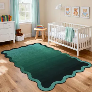 9x12 Scalloped Area Rug Washable Soft Non Slip Ombre Bedroom Nursery Rugs Green Large Low Pile Stain Resistant Carpet