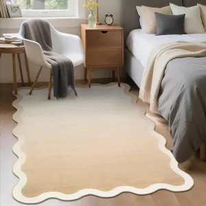 Scalloped Washable Ombre Rug for Living Room Bedroom Dining Room Nursery Office, 10x13 Beige, Soft Non Slip Low Pile Carpet