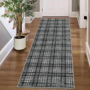 Washable Runner Rug 2'x6' Gray Non Slip Modern Plaid Farmhouse Entryway Soft Low Pile Stain Resistant Carpet