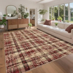 Washable Area Rug 6x9 Red Tartan Plaid Non Slip Low Pile Stain Resistant Carpet for Living Room Bedroom Nursery Classroom Dining Room
