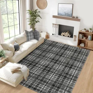 Washable Rug 9x12 Rugs for Living Room Modern Plaid Rug Rustic Non Slip Large Area Rug Soft Low Pile Throw Rugs Stain Resistant Carpet for Bedroom Office Dining Room Nursery, Grey 9'x12'