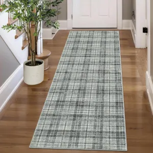 Washable Runner 2x6 Non Slip Kitchen Rugs Modern Plaid Hallway Rug Tartan Farmhouse Soft Bath Mat Stain Resistant Carpet, Grayish Green