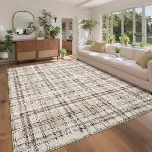 Washable Rug 10x13 Area Rugs for Bedroom Modern Plaid Farmhouse Living Room Rug Beige Non Slip Low Pile Stain Resistant
