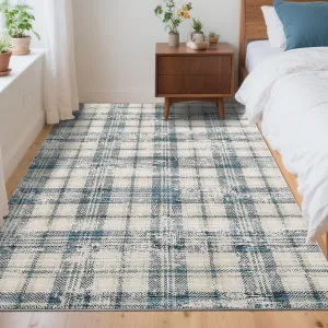 Washable Rugs 5x7 Area Rugs for Living Room Modern Plaid Non Slip Large Area Rug for Bedroom Farmhouse Low Pile Stain Resistant Carpet for Office Dining Room Classroom 5'x7' Blue&Beige