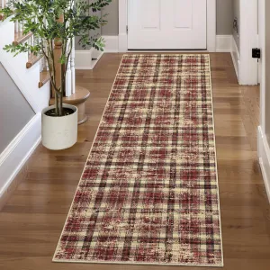 Washable Runner Rug 2x6 Non Slip Kitchen Rugs Plaid Modern Rugs for Entryway Farmhouse Tartan Soft Bathroom Rug 2'x6' Red