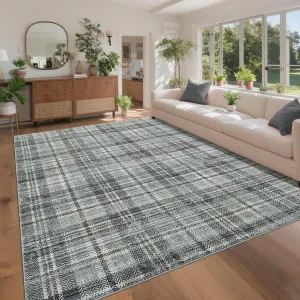 Large Living Room Area Rug 6x9 - Machine Washable Bedroom Rug Non Slip Moderns Plaid Throw Rugs Soft Non-Shedding Low Pile Farmhouse Carpet for Bedroom Nursery Classroom Dorm 6'x9' Green