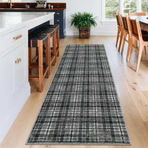 Washable Tartan Plaid Runner Rug Non-Slip Stain Resistant Pearl Velvet Soft Low Pile Grey for Hallway Kitchen Bathroom