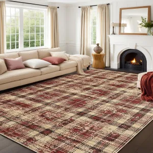 5x7 Area Rug Washable Living Room Rugs - Modern Plaid Soft Low Pile Non-Slip Throw Rug Red