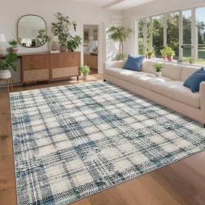 Washable Rug 8x10 Area Rugs for Living Room Modern Plaid Rugs for Bedroom Geometric Farmhouse Large Rug Non Slip Throw Rugs Soft Stain Resistant Carpet for Dining Room 8'x10' Blue&Beige