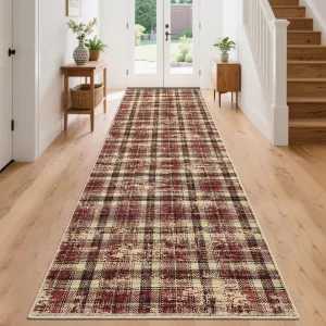 Washable Tartan Plaid Runner Rug Non-Slip Stain Resistant Pearl Velvet Soft Low Pile 2'x10' Red for Kitchen Bathroom Entryway