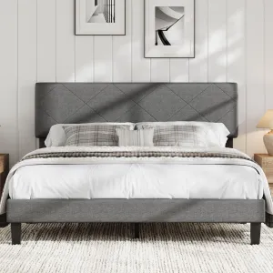 Full Size Bed Frame with Upholstered Headboard, Full Size Platform Bed Frame with Wooden Slat Support, Easy Assembly Platform Bed, No Box Spring Needed & Noise Free, Gray