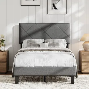 Twin Size Bed Frame with Upholstered Headboard, Twin Size Platform Bed Frame with Wooden Slat Support, Easy Assembly Platform Bed, No Box Spring Needed & Noise Free, Gray