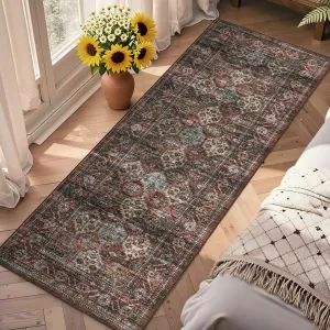 Rusty Red 2x6 Washable Runner Rug, Vintage Floral, Non-Slip, Ultra Thin Low Pile, Kitchen, Hallway, Enterway