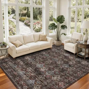 Vintage Floral Area Rug 9x12 – Ultra Thin Washable Carpet – Soft Low Pile, Non-Slip, Collapsible, Mark Resistant – Ideal for Living Room, Bedroom, Dining Room, Office