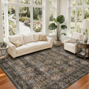 Washable Vintage Floral Area Rug 9x12ft – Non Slip, Ultra Thin, Low Pile, Mark Resistant, Soft & Collapsible Carpet for Living Room, Bedroom & Dining Room – Non Shedding Home Decor Mat
