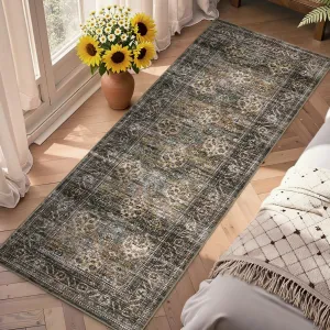 Floral 2x6 Kitchen Rugs Vintage Distressed Non Slip Non Shedding Stain Resistant Yellow Taupe