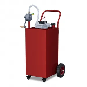 30-Gallon Portable Fuel Tank Gasoline Diesel Storage with Manual Rotary Pump, Anti-Static Clamp, Carbon Steel, All-Terrain Wheels, Red, for Vehicles and Boats, Red