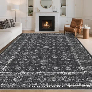 Black 9x12 Vintage Floral Print Non Slip Area Rug for Living Room Bedroom, Retro Stain Resistant Carpet, Traditional Home Decor