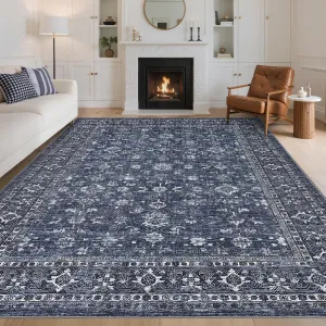 Washable Vintage Floral Living Room Rugs 5x7, Soft Non Slip Indoor Area Rug for Bedroom Dining Room Nursery, Blue