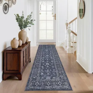 2x6 Vintage Blue Floral Runner Rug, Washable Non Slip Kitchen Hallway Rug, Soft Low Pile Distressed Area Rug