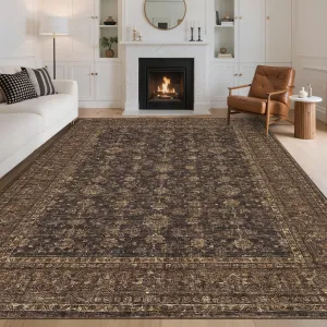 Washable 9x12 Area Rugs Vintage Floral Print Non Slip Soft Stain Resistant Large Carpet Brown for Living Room Bedroom Dining Room Office Apartment