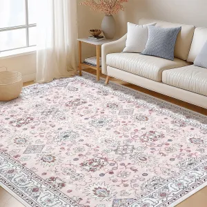 5x7 Area Rug Vintage Printed Soft Non Slip Low Pile Carpet for Living Room Bedroom Kitchen Pink