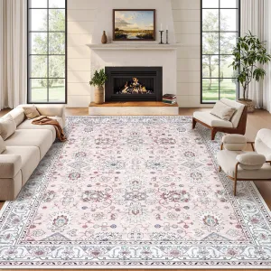 Area Rug 8x10 Vintage Oriental Rug for Living Room, Thin Washable Carpet with Non Slip Rubber Backing, Soft Non Shedding Floor Covering, Low Pile Foldable Mats for Bedroom, Pink