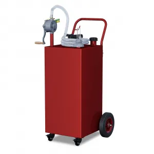 35-Gallon Portable Fuel Tank Gasoline Diesel Storage with Manual Rotary Pump Carbon Steel Anti-Static Clamp Four Wheels for Outdoor Use, Red