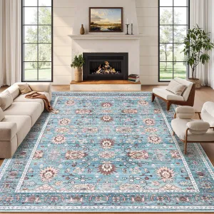 Area Rug 8x10 Vintage Oriental Rug for Living Room, Thin Washable Carpet with Non Slip Rubber Backing, Soft Non Shedding Floor Covering, Low Pile Foldable Mats for Bedroom, Blue