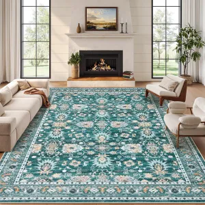 Large Area Rug 9x12 Vintage Rug Non Slip, Thin Washable Oriental Carpet, Soft Non Shedding Floor Covering, Low Pile Foldable Printed Mats for Open Spaces Office Hotel, Green