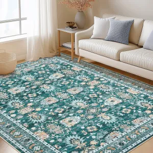 5x7 Area Rug Washable Vintage Printed Soft Rugs Non Slip Low Pile Carpet for Living Room Bedroom Kitchen Dorm Room Green