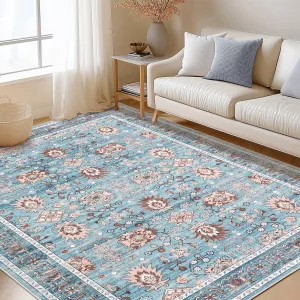 5x7 Area Rug Washable Vintage Printed Soft Rugs Non Slip Low Pile Carpet Blue for Living Room Bedroom Kitchen Dorm Room