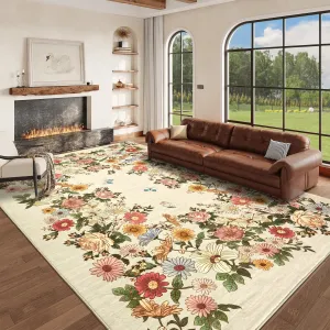 Rugs for Living Room 5x7, Washable Floral Area Rug, Non Slip Soft Low Pile Carpet for Bedroom Kitchen Dorm Room, Beige