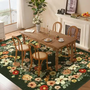 Rugs For Living Room 3x5 Washable Floral Area Rug Non Slip Soft Low Pile Ultra-Thin Carpet Dark Green