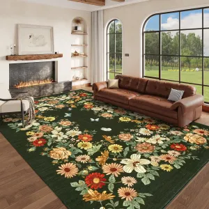 Rugs for Living Room 5x7 Washable Floral Area Rug Non Slip Soft Low Pile Ultra-Thin Carpet Dark Green