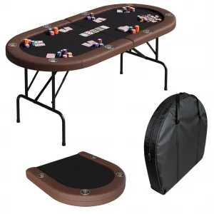 8-Player Collapsible Oval Casino-Grade Card Table – 72" Portable Game Table for Texas Hold'em & Blackjack with Cushioned Armrests, Cup Holders, Collapsible Legs & Storage Bag, Brown Edge + Blac