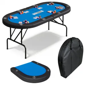 8-Player Collapsible Oval Casino Card Table – 72" Portable Game Table for Texas Hold'em & Blackjack with Padded Armrests, Deep Cup Holders, Casino Felt, Collapsible Legs & Storage Bag, Black Ed