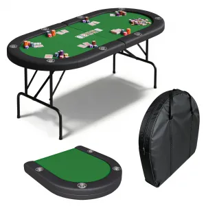8-Player Collapsible Casino Card Table – 72" Portable Game Table for Texas Hold'em & Blackjack with Cushioned Armrests, Stainless Steel Cup Holders, Green Felt, Black Edge + Green