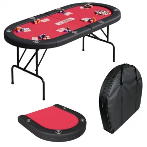 8-Player Collapsible Oval Casino Card Table – 72" Portable Game Table for Texas Hold'em & Blackjack with Padded Armrests, Cup Holders, Collapsible Legs & Storage Bag, Black Edge + Red