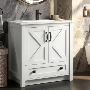 Modern 30" Freestanding Bathroom Vanity with with 2 Doors and Storage Drawer for Bathroom, White