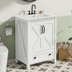 Modern 24" Freestanding Bathroom Vanity with with 2 Doors and Storage Drawer for Bathroom, White