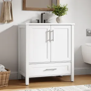 Modern 30" Wooden Freestanding Bathroom Vanity with 2 Doors and Drawer for Bathroom, White