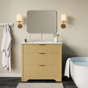36" Grille Style Freestanding Bathroom Vanity with Sink and 2 Drawers for Bathroom, Natural Oak