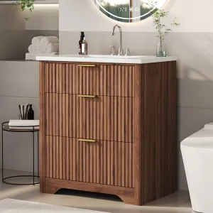 30" Grille Style Freestanding Bathroom Vanity with Sink and 2 Drawers for Bathroom, Walnut
